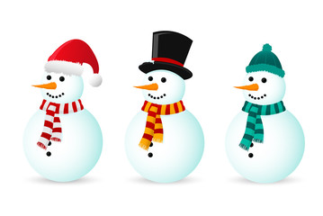 Set of Three Snowmen Isolated on White Background. 