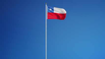 Chile flag waving against clean blue sky, long shot, isolated with clipping path mask alpha channel transparency