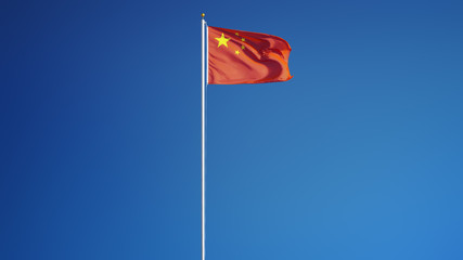 China flag waving against clean blue sky, long shot, isolated with clipping path mask alpha channel transparency