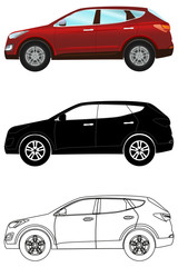 Set of terrain vehicles in flat style: colored, black silhouette