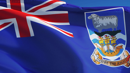 Fototapeta premium Falkland Islands flag waving against clean blue sky, close up, isolated with clipping path mask alpha channel transparency