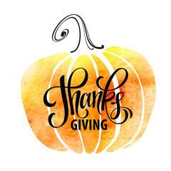 Watercolor design style Happy Thanksgiving Day. Give thanks, autumn design. Typography posters with pumpkin silhouette and text. Vector illustration
