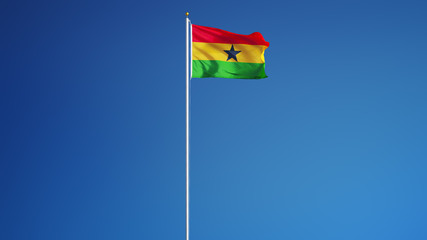 Ghana flag waving against clean blue sky, long shot, isolated with clipping path mask alpha channel transparency