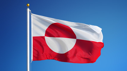 Greenland flag waving against clean blue sky, close up, isolated with clipping path mask alpha channel transparency