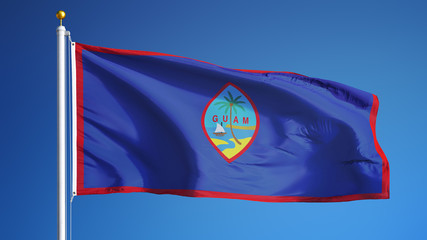 Guam flag waving against clean blue sky, close up, isolated with clipping path mask alpha channel transparency - obrazy, fototapety, plakaty