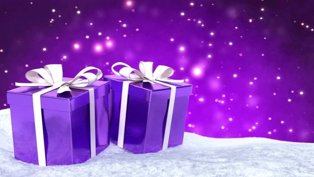 Christmas gifts in snow on bokeh purple background. Seamless loop. 3D render.