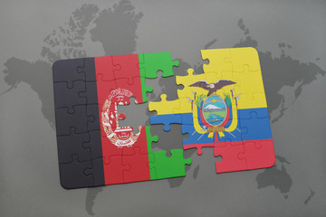 puzzle with the national flag of afghanistan and ecuador on a world map background.
