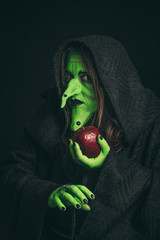 Evil witch with a rotten apple and a spider on her hands