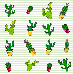 Seamless pattern with fashion patch badges. Pop art. Vector background with stickers, pins, patches in cartoon 80s-90s comic style. Cactuses set. Vector clip-art.