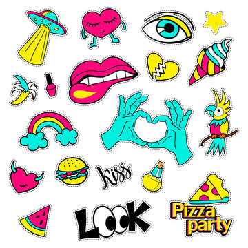 Fashion patch badges. Big set. Pop art. Stickers, pins, embroidery, patches and handwritten notes collection in cartoon 80s-90s comic style. Trend. Vector illustration isolated. Vector clip art.