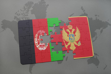 puzzle with the national flag of afghanistan and montenegro on a world map background.