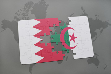 puzzle with the national flag of bahrain and algeria on a world map background.