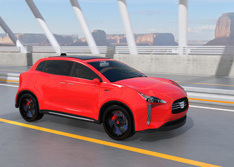 Plakat Red electric SUV driving on arc bridge. 3D rendering image.