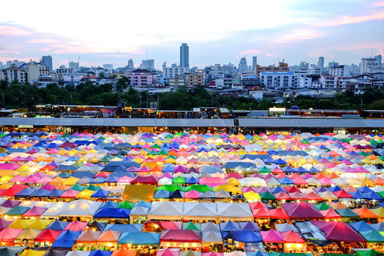 High angle of Train Night Market Ratchada. One of the popular shopping and tourist attractions at night in Bangkok., Thailand