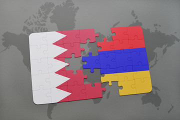 puzzle with the national flag of bahrain and armenia on a world map background.