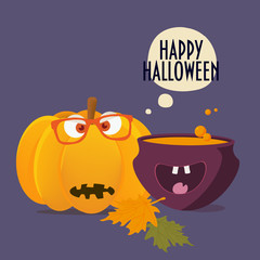 Happy Halloween Card. Old scary Halloween pumpkin with hipster glasses on, spooky happy witch pot and maple leaves. Speech bubble with text 