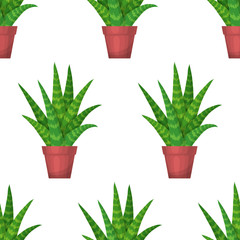 Aloe Vera in pot - floral seamless pattern. Vector cute succulent plant on white background. Botanical wallpaper. Green leaf. Nature illustration with mexican houseplant in cartoon style
