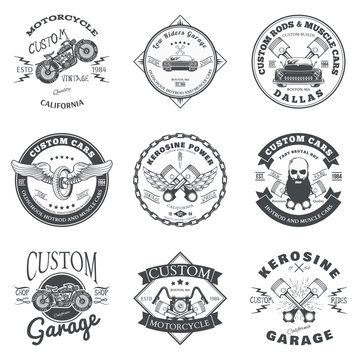Set of Custom Car and Bike Garage Label and Badge Design Vector