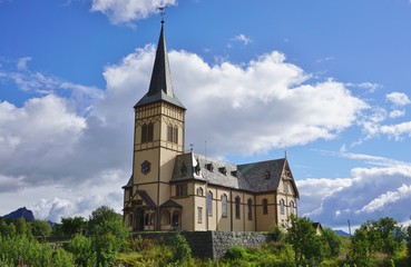 Fototapeta na wymiar The Vagan church, nicknamed Lofoten Cathedral, in Kabelvag, Norway