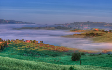 Fototapeta premium Sunrise at Tuscany Italy / A misty foggy morning at golden hour near Pienza, golden red sunlight softly brushes over the Tuscany valley.