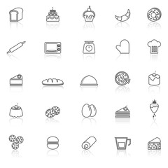 Bakery line icons with reflect on white background