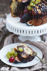 Chocolate coffee cake decorated fresh fruits