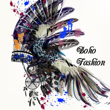 Fashion Illustration With Indian Head Dress And Ink Spots Boho S