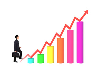business man stepping forward on growing 3d bar graph with arrow