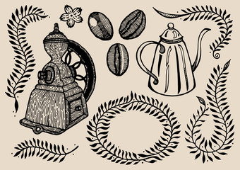 hand drawn vintage coffee element and flower floral design, vector hand drawn