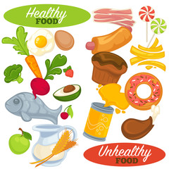 Healthy and unhealthy food set.