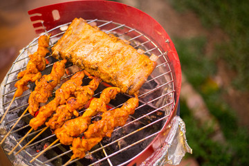 Barbecue grill chicken and pork meat cooking
