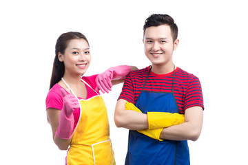 Domestic housekeeping service team. Home cleaning asian people.