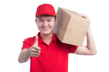 Portrait of delivery man service happily delivering package to customer