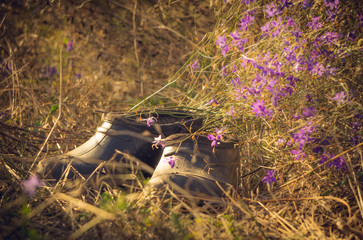 Осень в деревне. Букет полевых цветов и резиновые сапоги