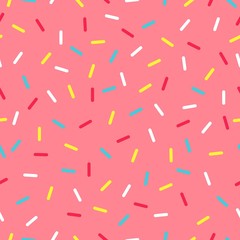 Seamless background with pink donut glaze. Decorative bright sprinkles texture pattern design