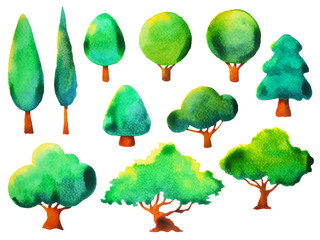 set of watercolor painting tree cartoon character hand drawn