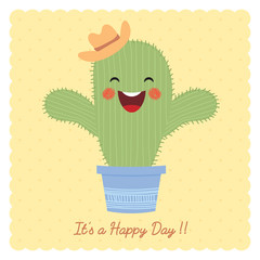 Cute cartoon cactus on beige polka dot background. Hand drawn or doodle cactus. It's a happy day vector illustration.