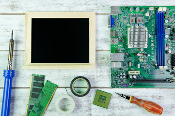 Blank blackboard,  computer equipment and repair tools electroni