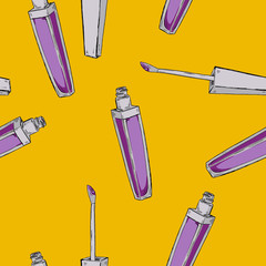 Seamless pattern with lip gloss bottles on bright yellow background. Hand drawn vector illustration.