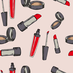 Obraz premium Seamless pattern with lip gloss,lip stick and brush or eyeshadow boxes on pastel beige background. Hand drawn vector illustration.