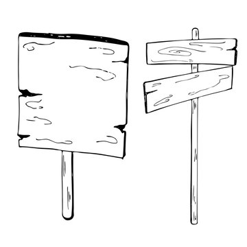 Wooden signs. Ink sketch. Hand drawn vector illustration.