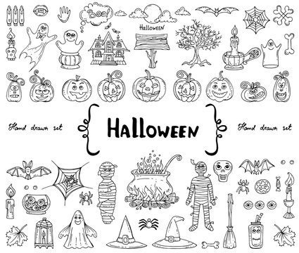 Vector set with hand drawn isolated doodles on the theme of Halloween on white color