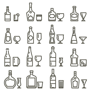Alcohol Beverages Art Icons Or Alcoholic Drinks Thin Line Signs
