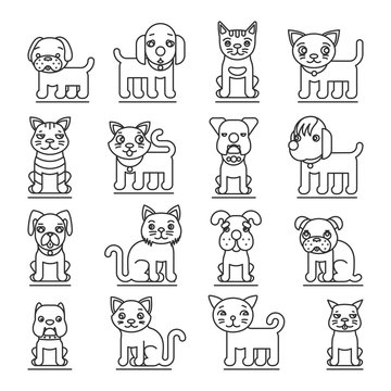 Pets line icons. Dogs and cats outline signs vector