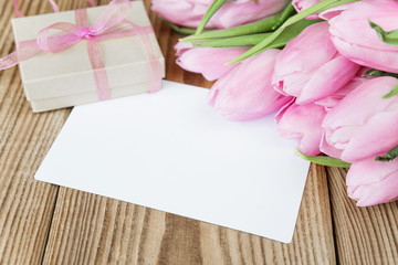 Flowers, greeting card and gift box