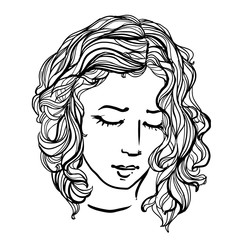 hand drawn doodle woman with curly hair on white background. Coloring page - zendala, design for adults, poster, print, t-shirt, invitation, banners, flyers. vector eps 8.