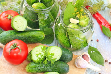 Homemade pickles in jar. Preserving pickled cucumbers.