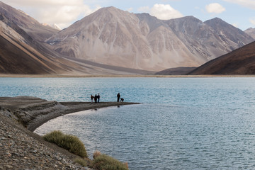 Fototapeta na wymiar Pangong lake in the morning with people on cape