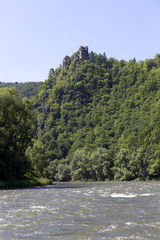 Fototapeta na wymiar Ruin of Old Castle above river Vah near Castle Strecno, Slovakia