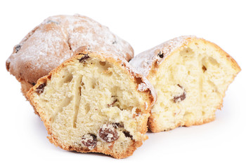 Fruitcake with raisin isolated on white